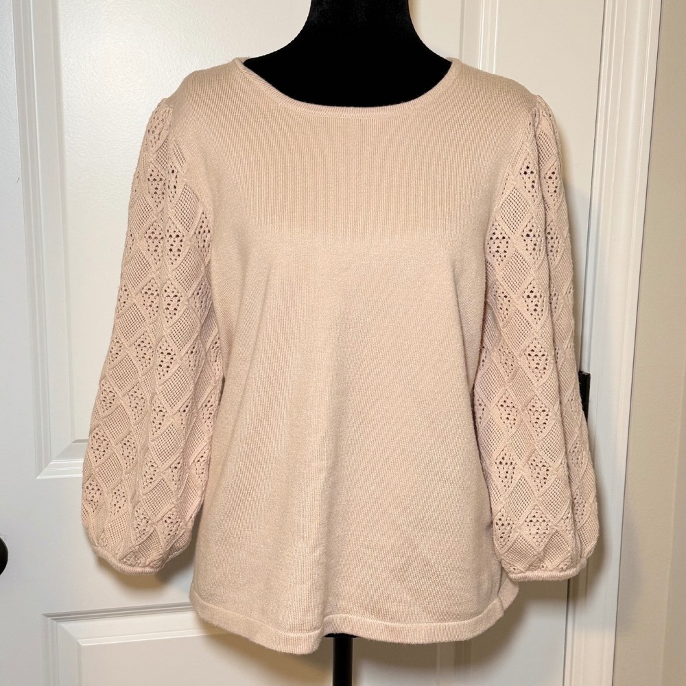 Adrianna Papell Pink Knit Sweater Crochet Diamond Puff Sleeve Medium